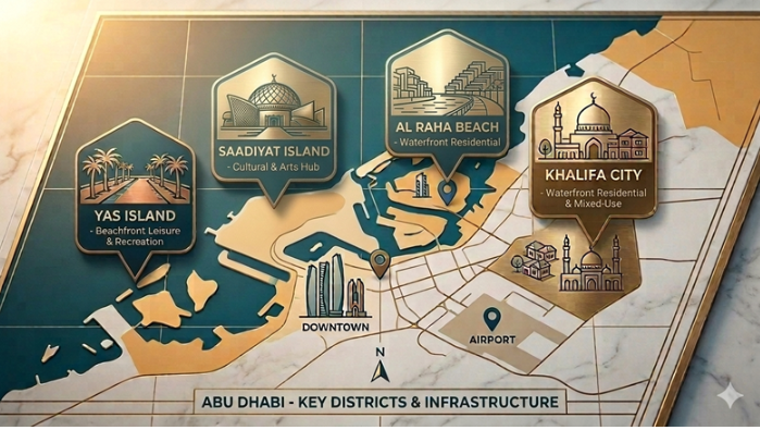 Map showing Abu Dhabi rental locations and key destinations
